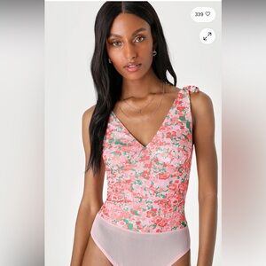 Pink Floral Mesh Tie-Strap Bodysuit